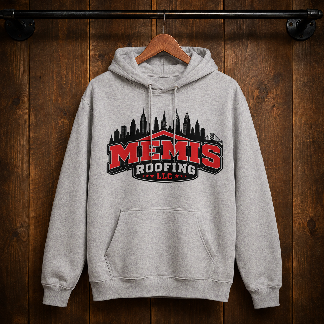 Custom gray hoodie designed for Memis Roofing by Xtra Mile Printing