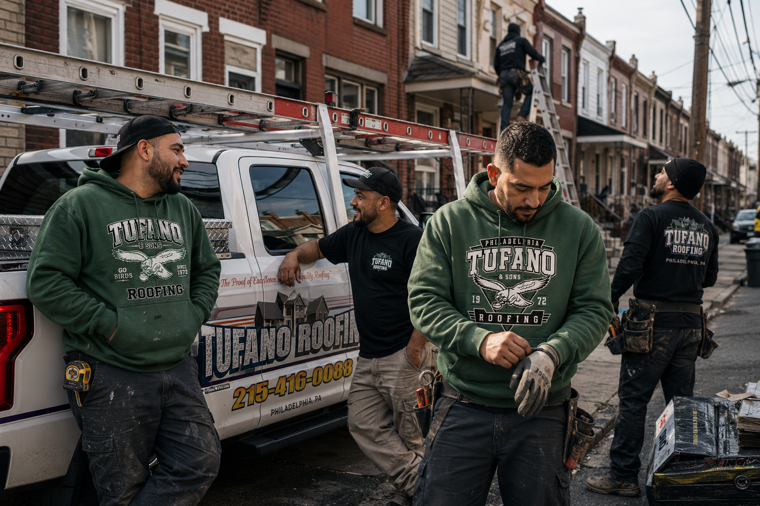 Roofing crew wearing custom Tufano Roofing apparel designed by Xtra Mile Printing