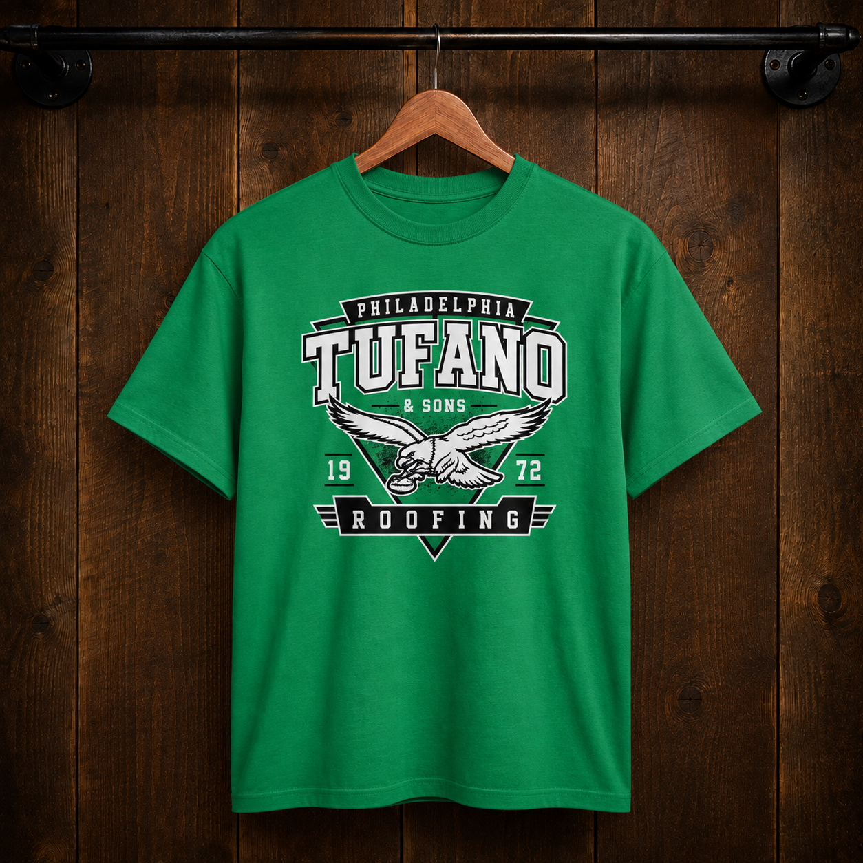 Custom green T-shirt designed for Tufano Roofing by Xtra Mile Printing