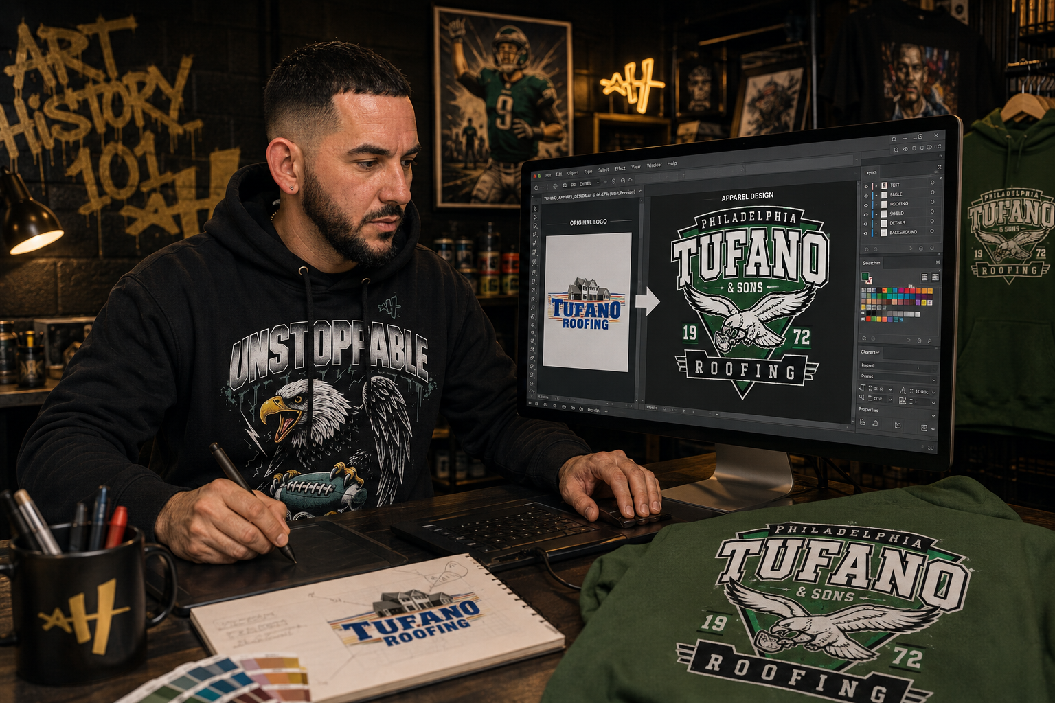 Art History 101 creative team transforming a local business logo into custom apparel artwork