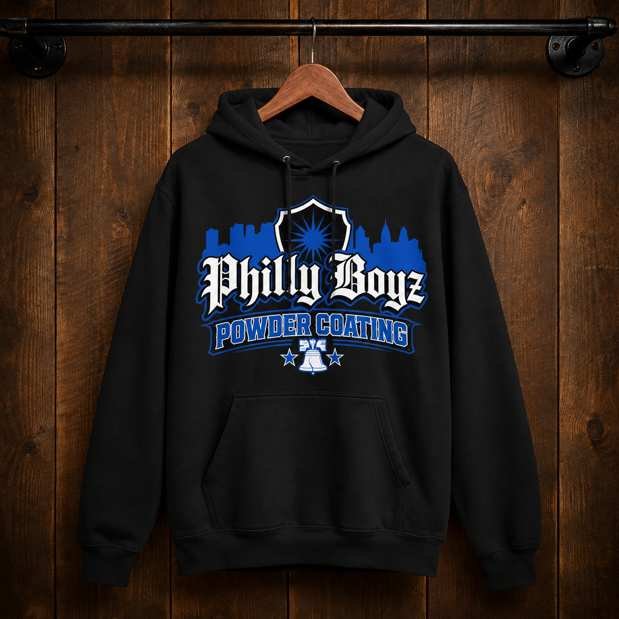 Custom black hoodie designed for Philly Boyz Powder Coating by Xtra Mile Printing
